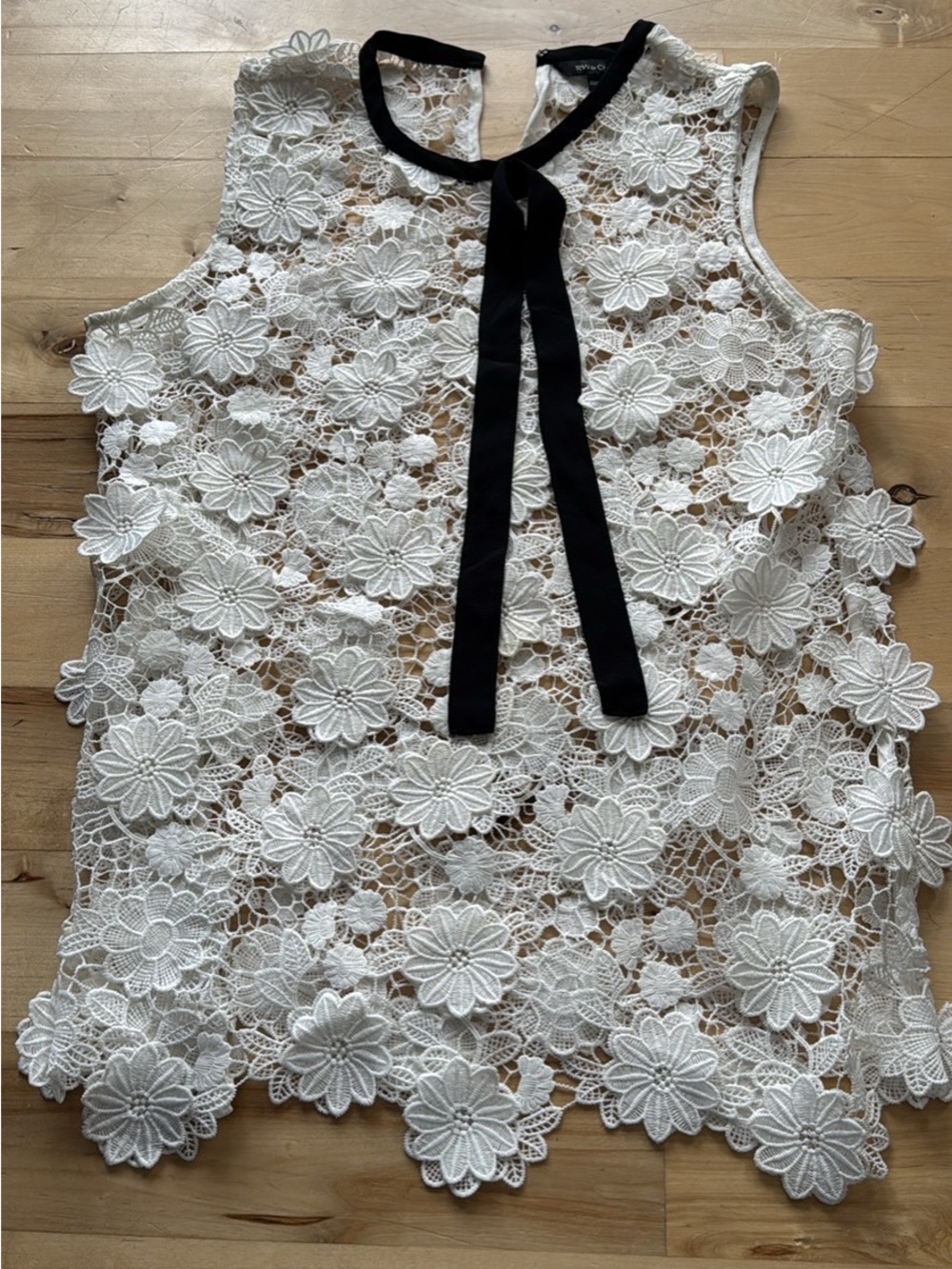RW&CO. White Floral Lace Sleeveless Camisole with Black Neck Tie